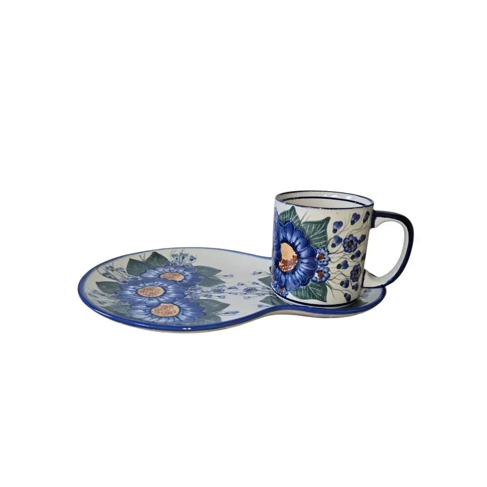 Polish Pottery Unikat Vintage Rare Bountiful Blue Pattern Snack/Mug Set Signed
